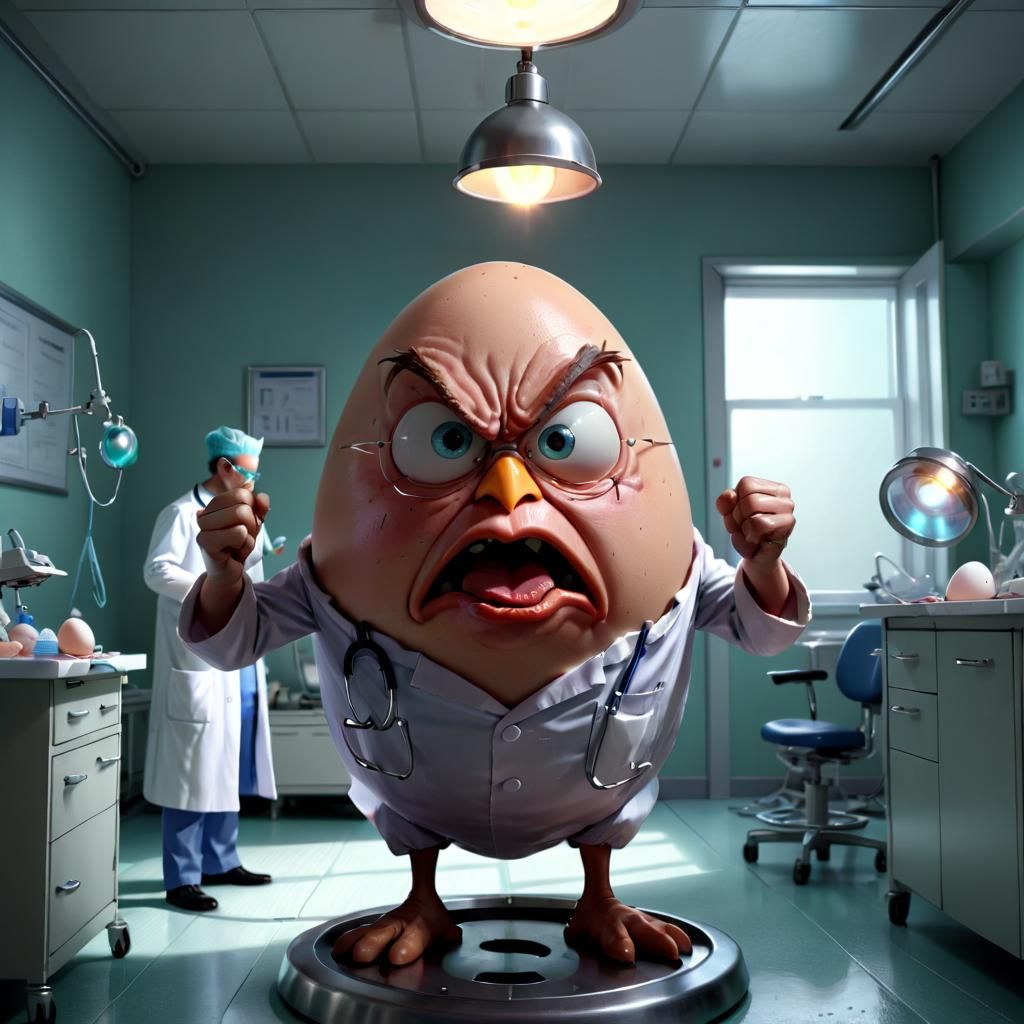 Egg Doctor Performs Surgery: Photorealistic Pixar Style