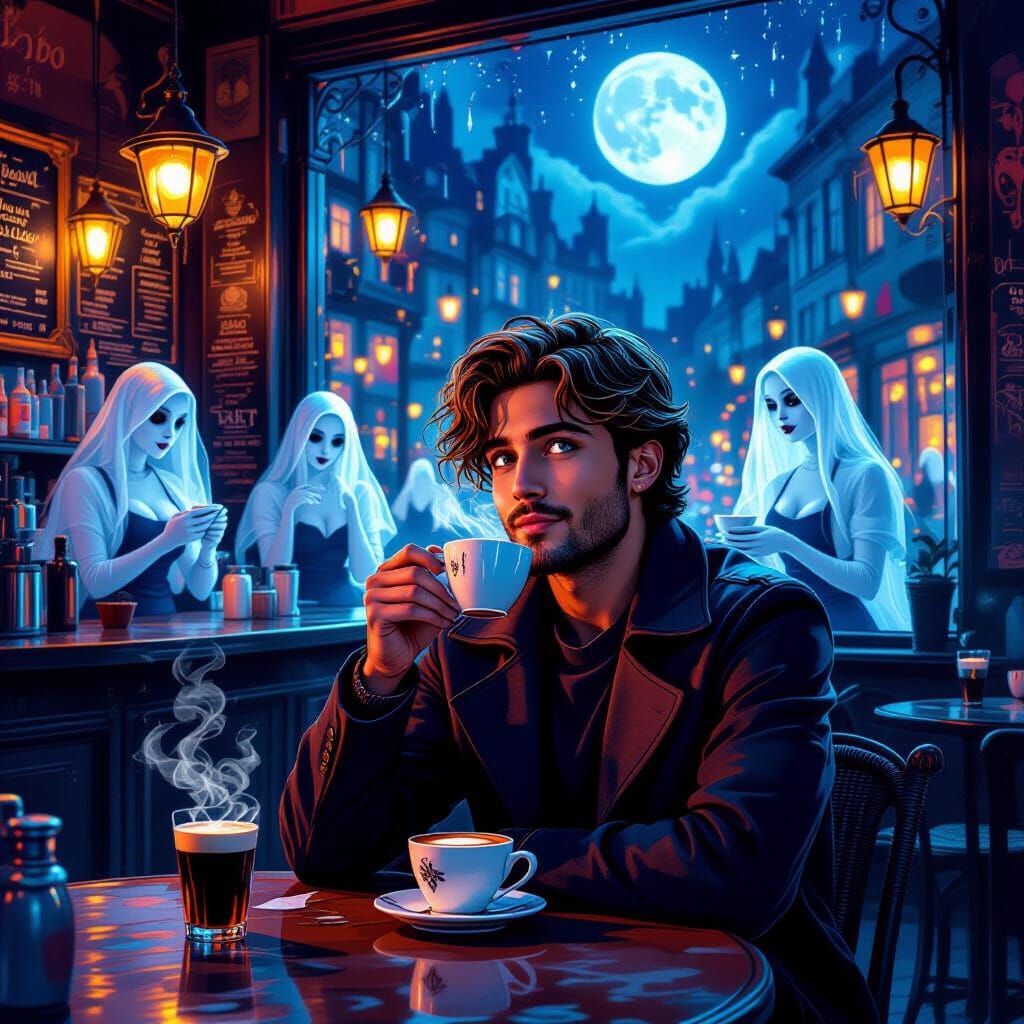 Eerie Moonlit Cafe with Ghostly Baristas and Happy Patron