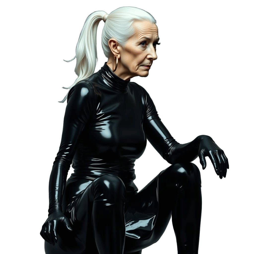 Elderly Woman in Shiny Black PVC Catsuit