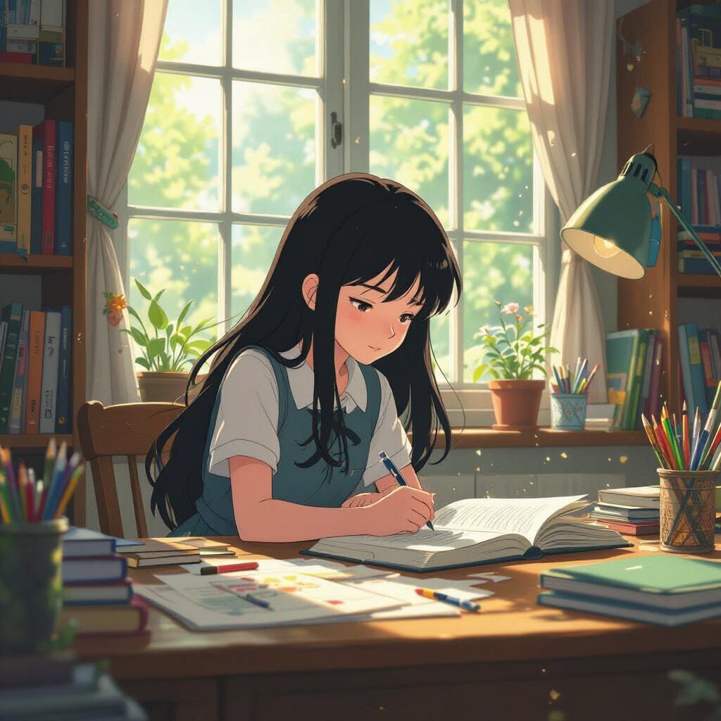 Girl Studying in Cozy Bedroom, Studio Ghibli Style