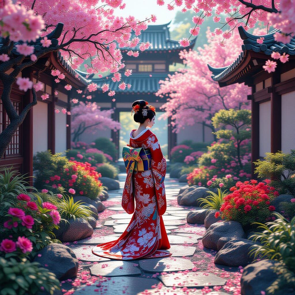 Lone Geisha in Blossoming Garden Matte Painting