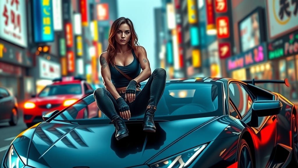 Lara Croft on Lamborghini in Cyberpunk Tokyo