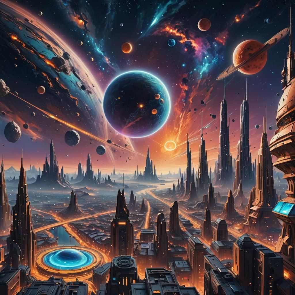 Neon Metropolis Floating in Space: Surrealist Sci-Fi