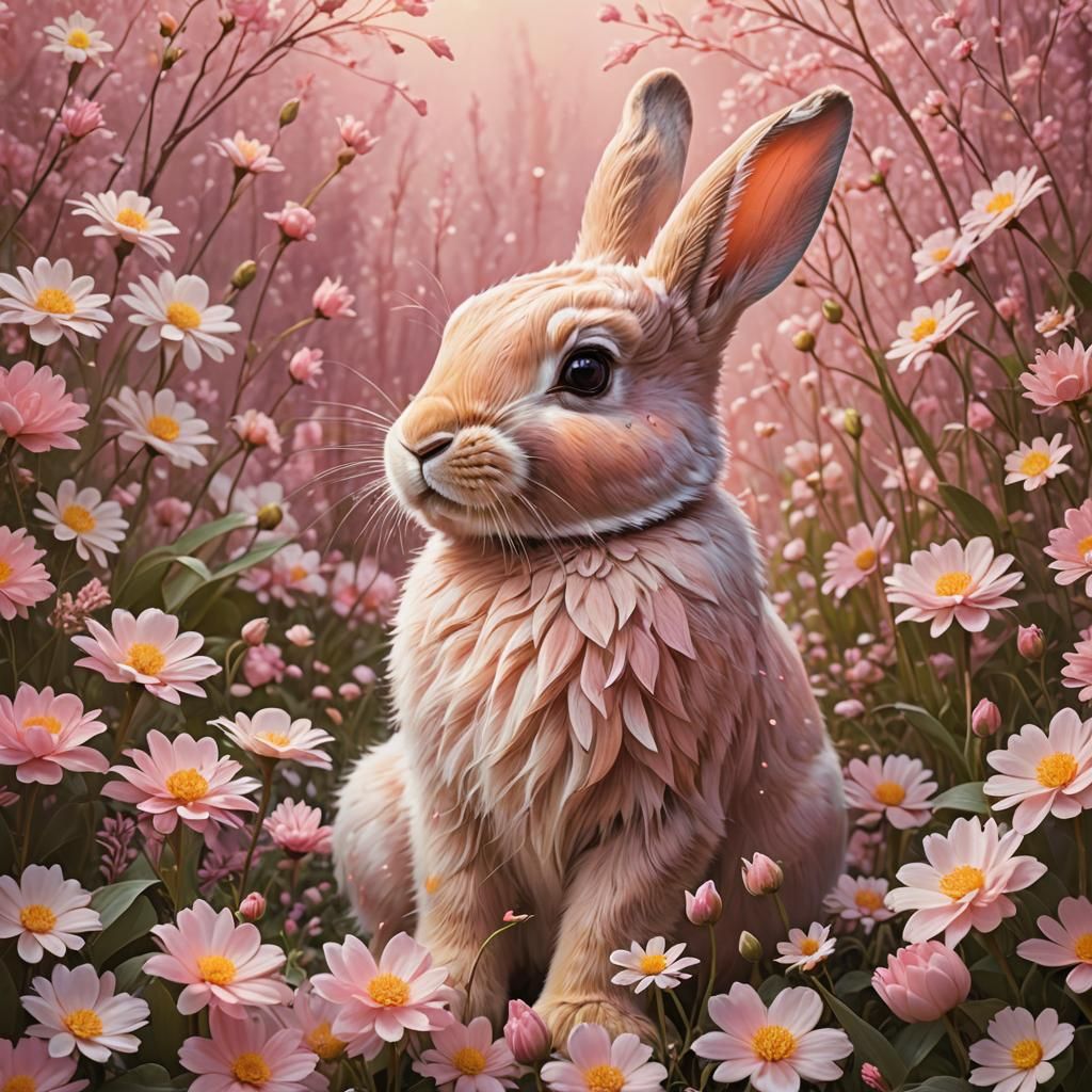 Pink Bunny in Pink Flowers Digital Art