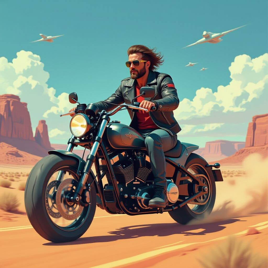 Man on Chopper Bike in Dystopian Desert Art