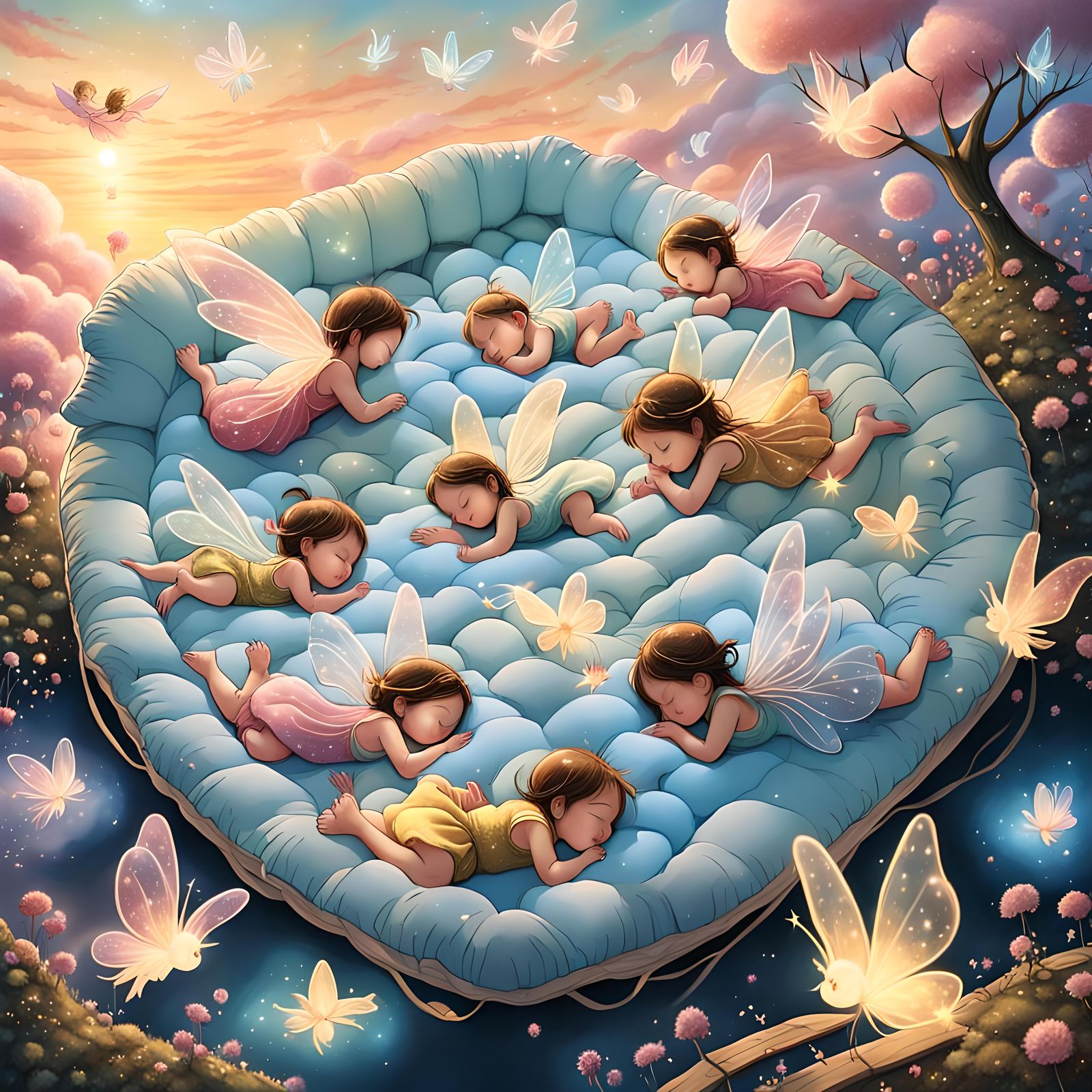 Floating Mattresses with Sleeping Babies and Fairies