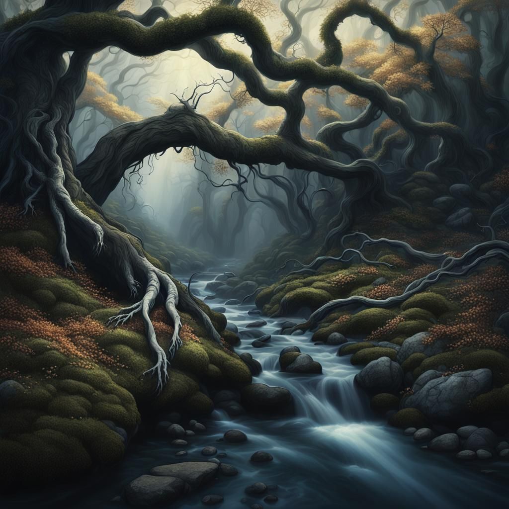 Winding Stream with Sycamores in Eerie Surrealism