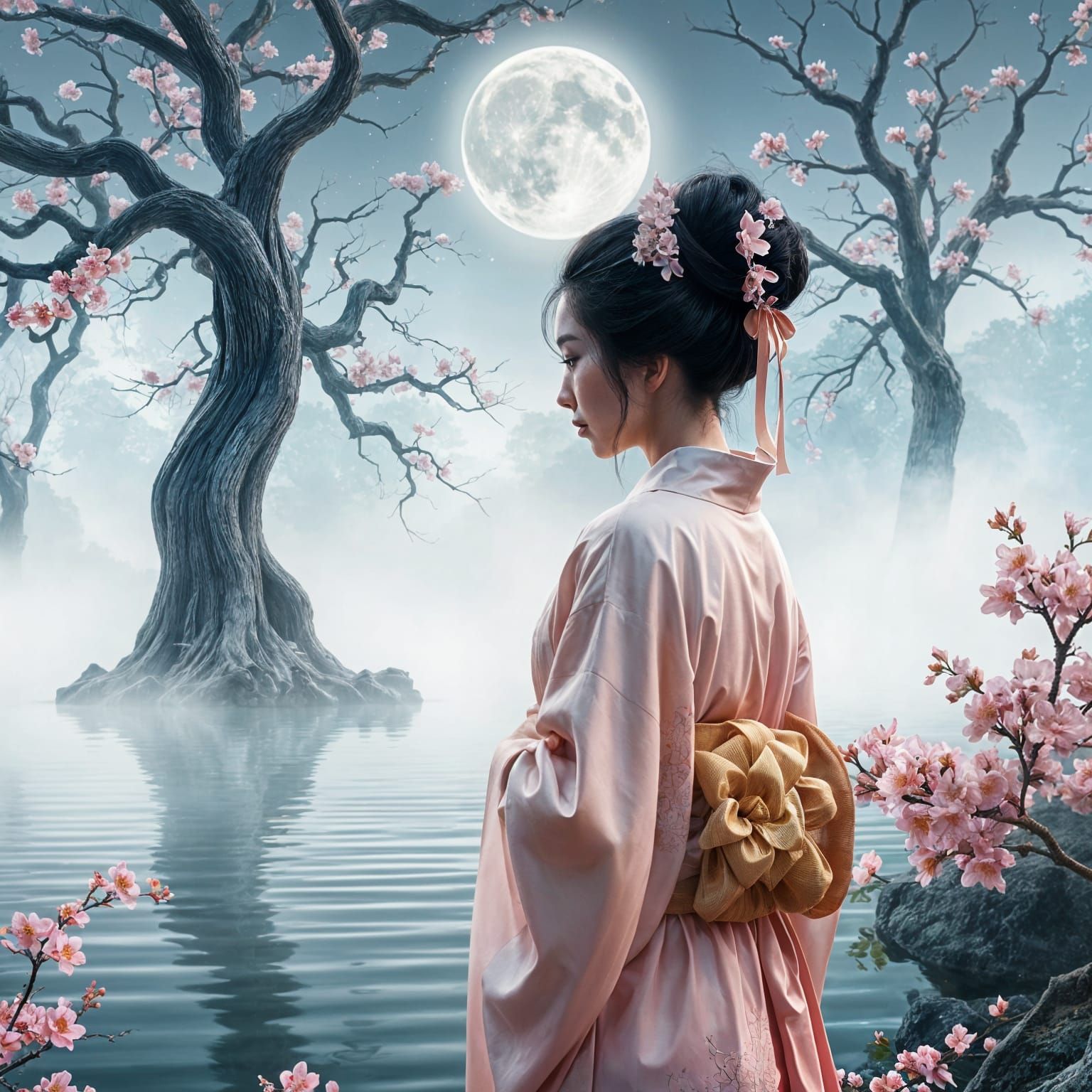 Moonlit Serenity: Reflection Beneath Cherry Blossoms