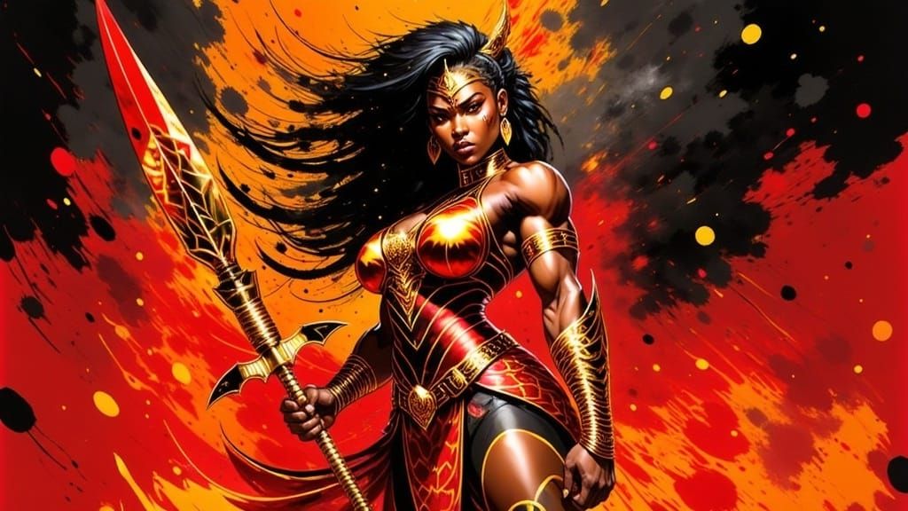 Fierce Kitsune Barbarian with Fiery Spear