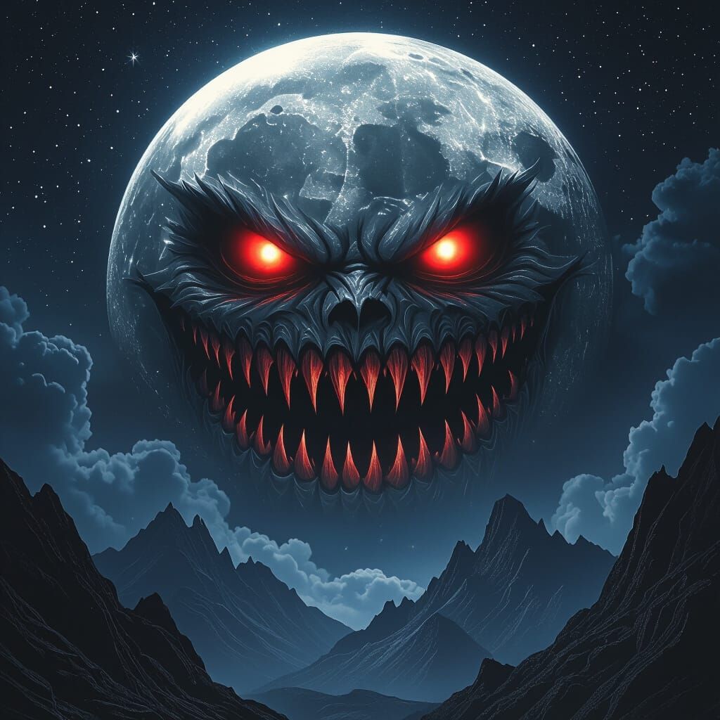 Enormous Moon with Sharp Teeth in Dark Cosmic Horror Sky