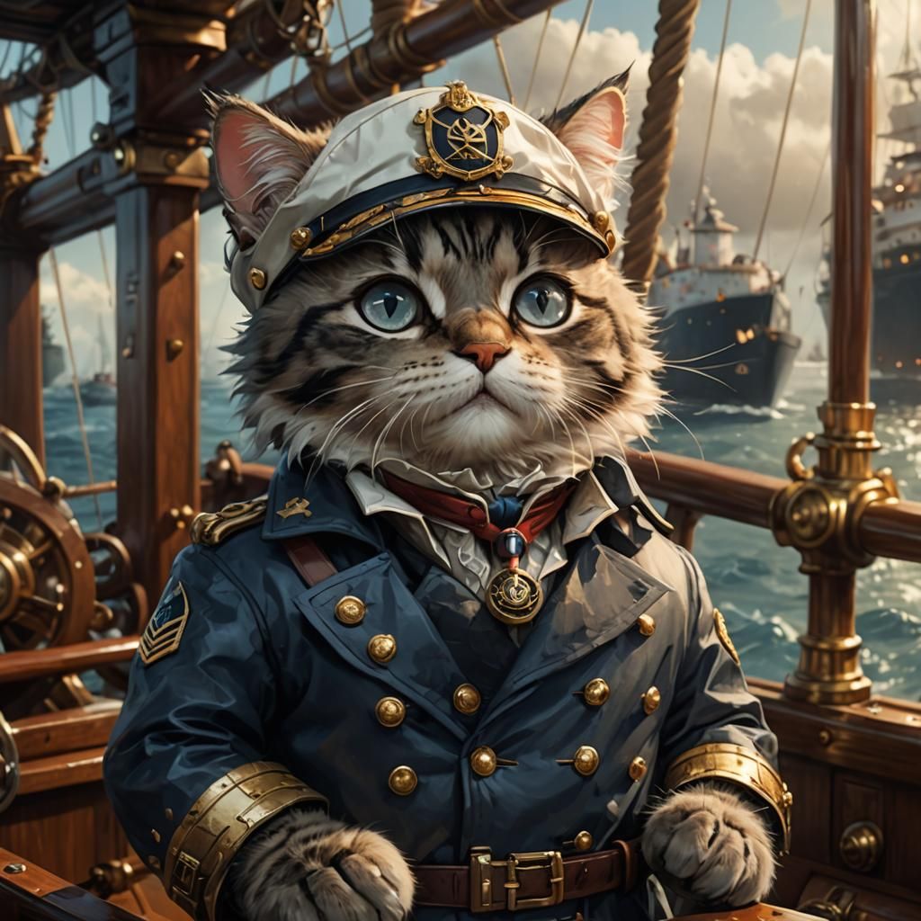 Chibi Anthropomorphic Cat Captain at Ship's Helm