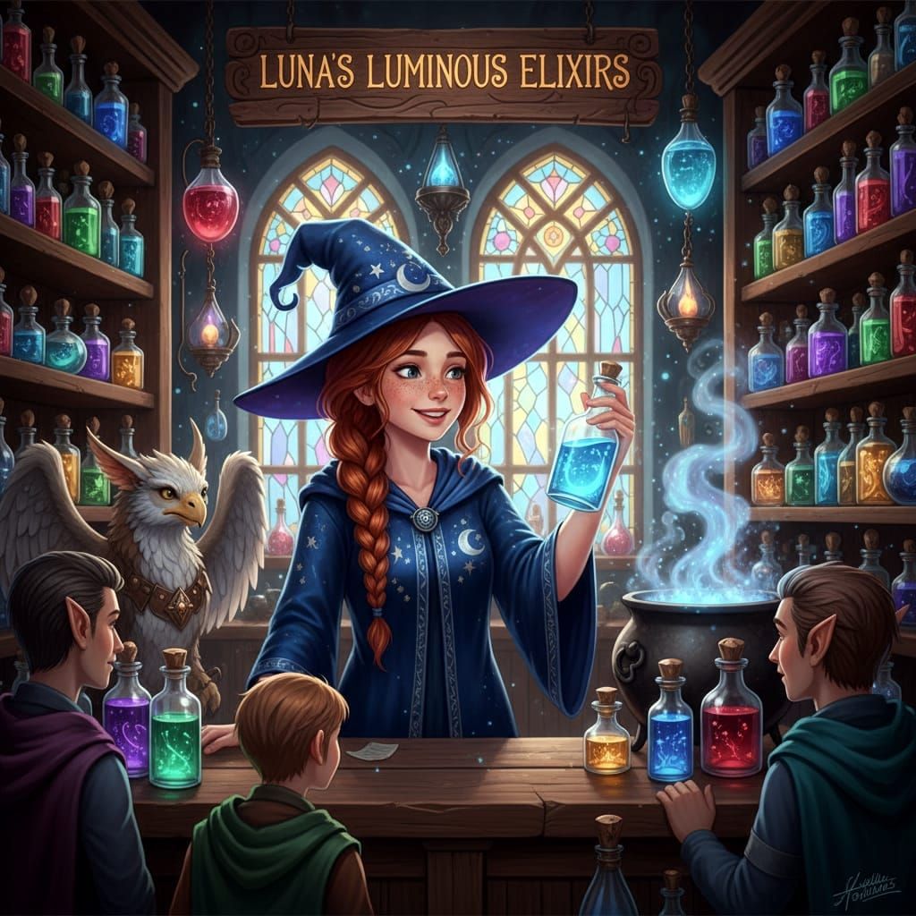 Young Witch Sells Glowing Potions in Shop