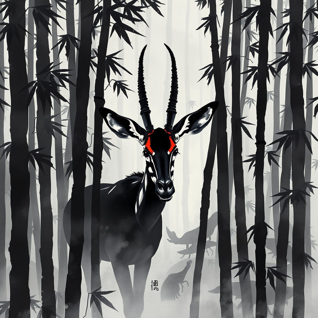 Okapi in Misty Forest, Ink Blot Style