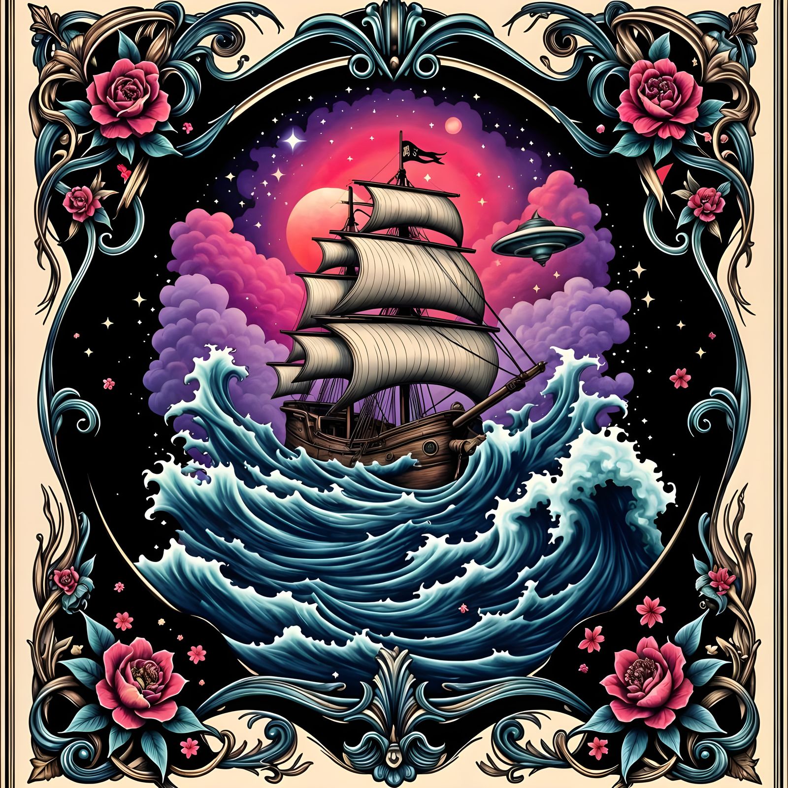 Pirate Ship and UFO Amidst Ornate Seashell Frame