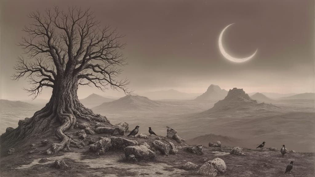 Ravens Dance Under Yggdrasil in Monochrome Etching