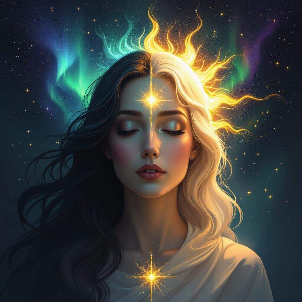 Goddess of Light and Shadow with Aurora Sky