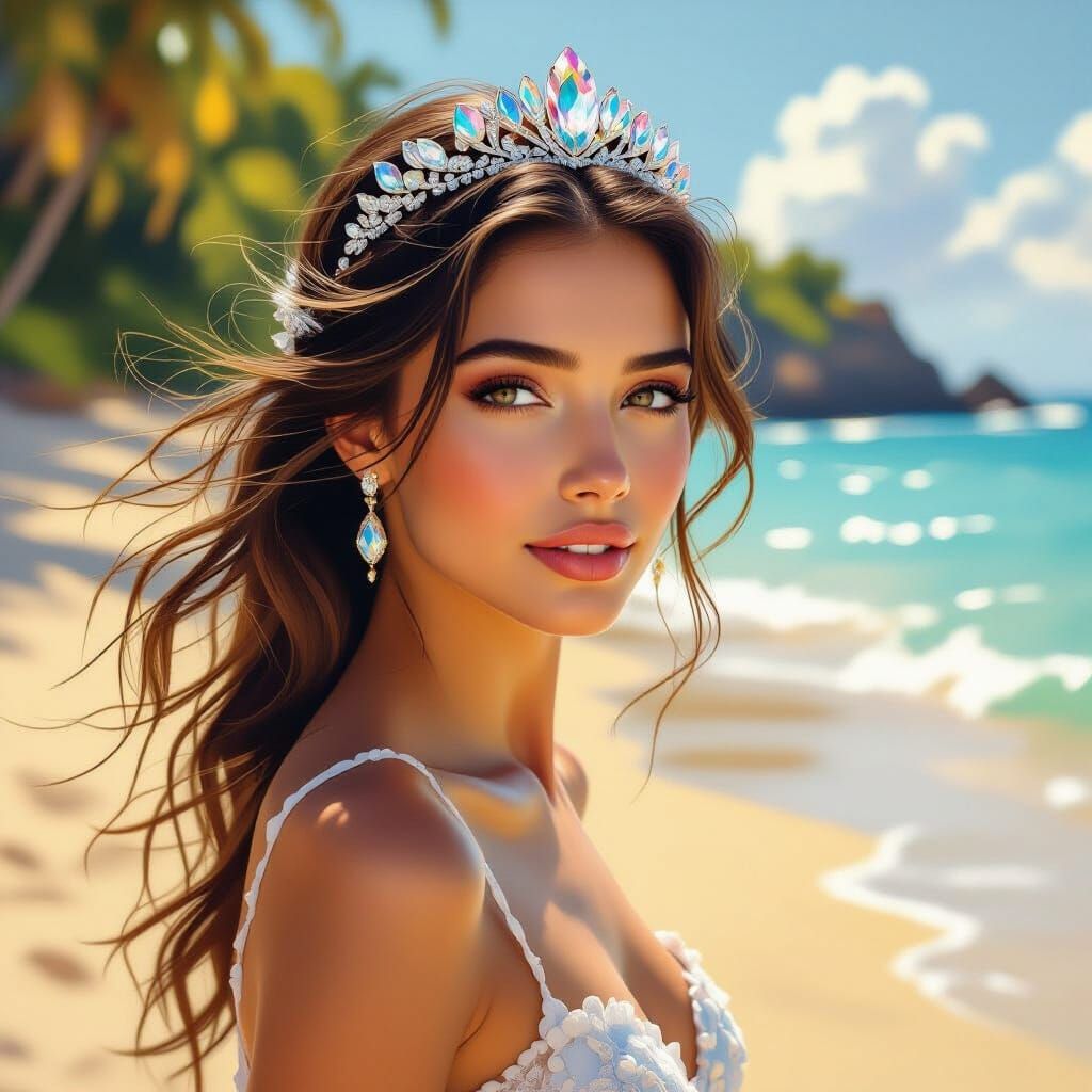 Vibrant Oil Painting of Woman on Beach in Golden Light