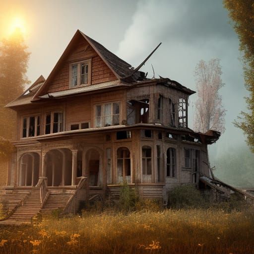 Abandoned House with Collapsed Roof in Matte Painting Style