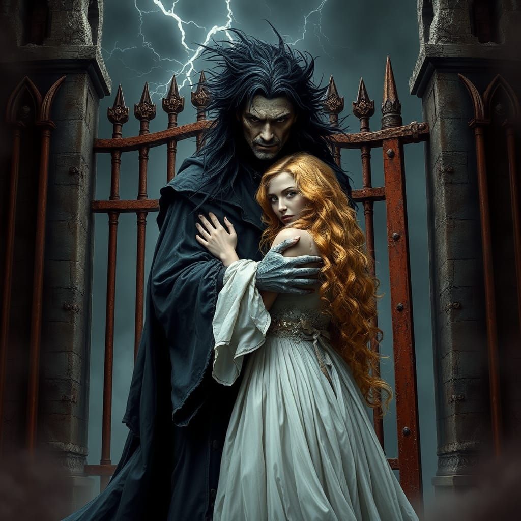 Dark Figure in Black Cloak Behind Gothic Castle Gates
