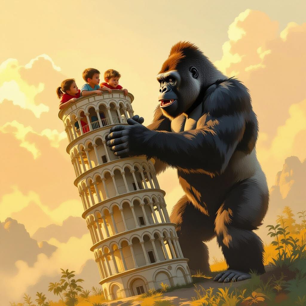 Monster gorilla holding a leaning tower