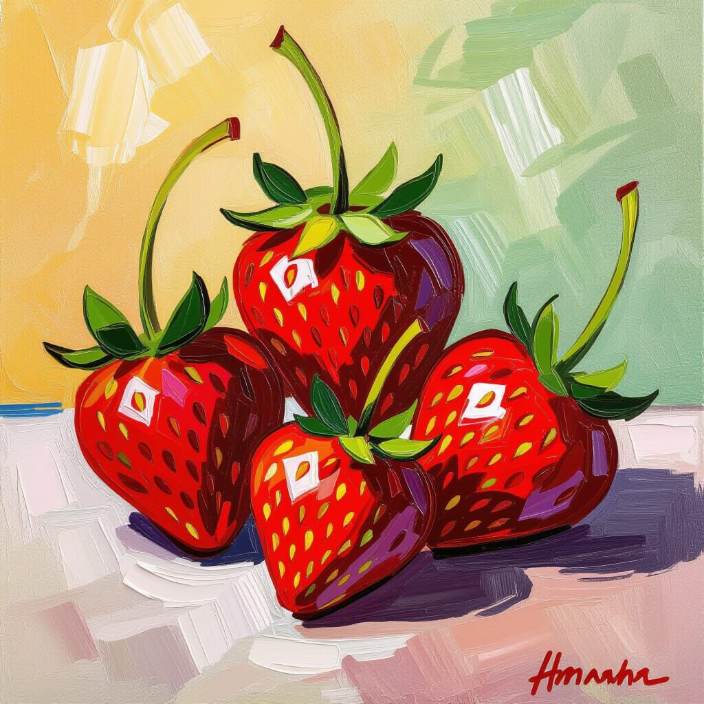 Impasto Oil Painting of Ripe Strawberries