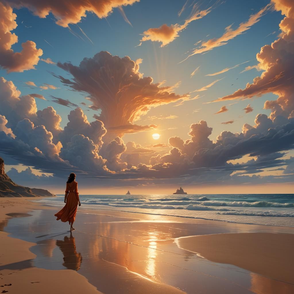 Serene Beach Sunset in Dreamlike Digital Painting