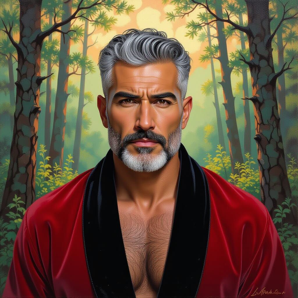 Silver-haired Hunk in Impressionist Forest Portrait
