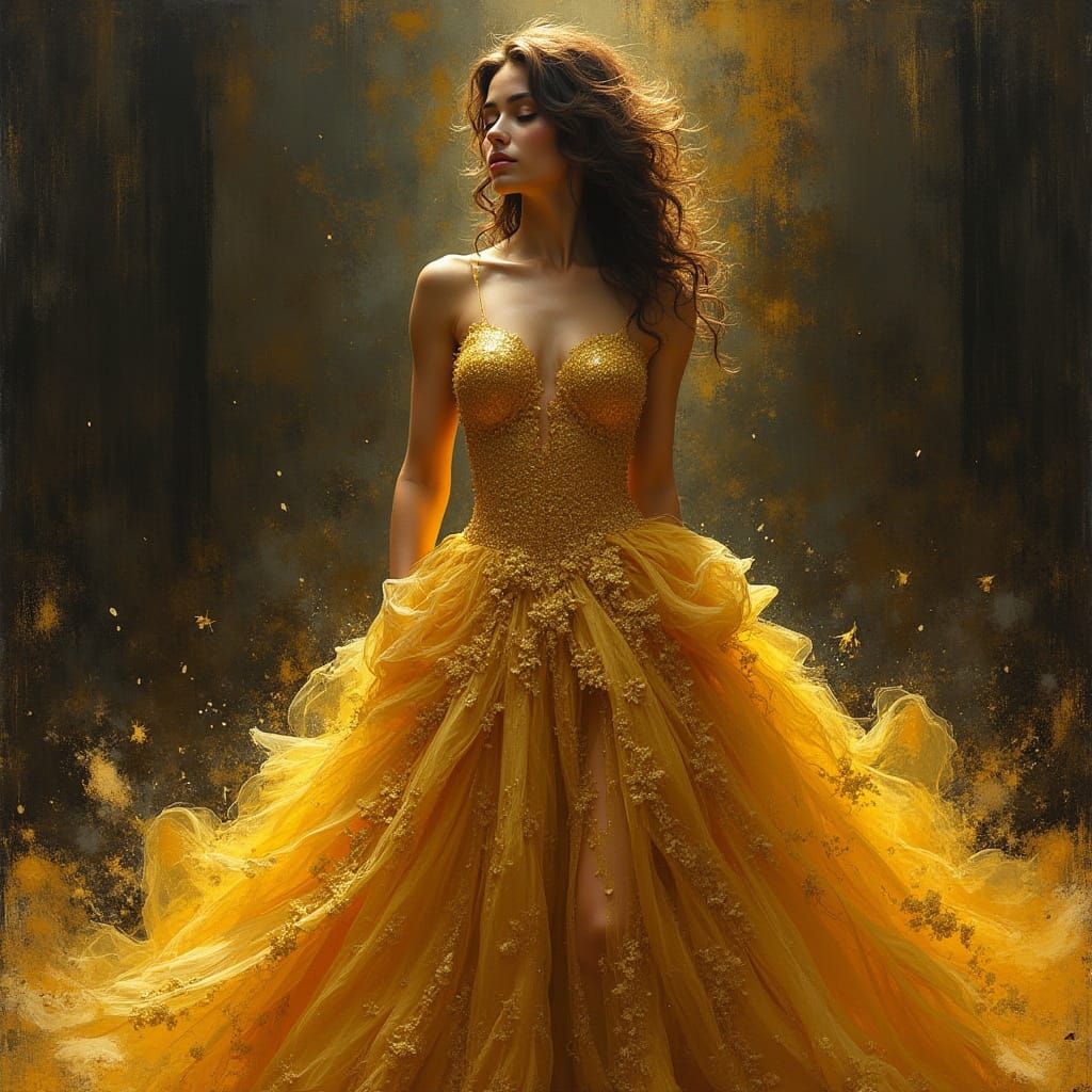 Woman in Extravagant Golden Gown, Oil Splash Style