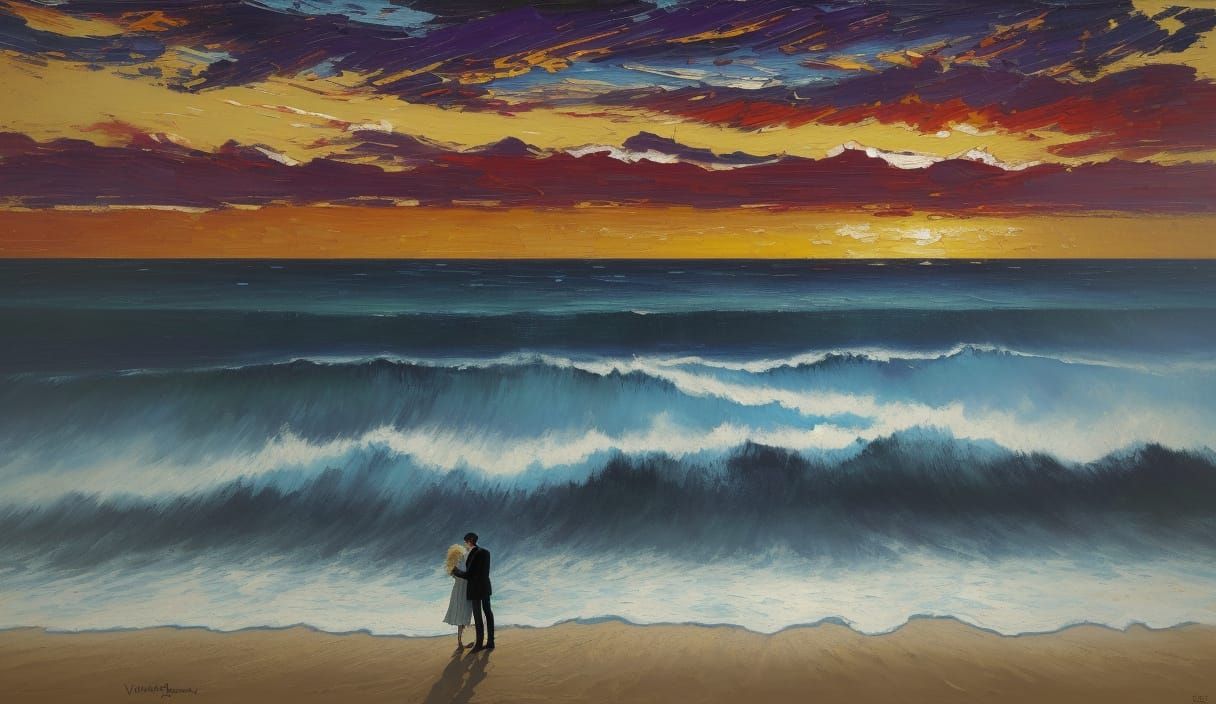 Dramatic Neo-Impressionist Duel on a Windswept Beach