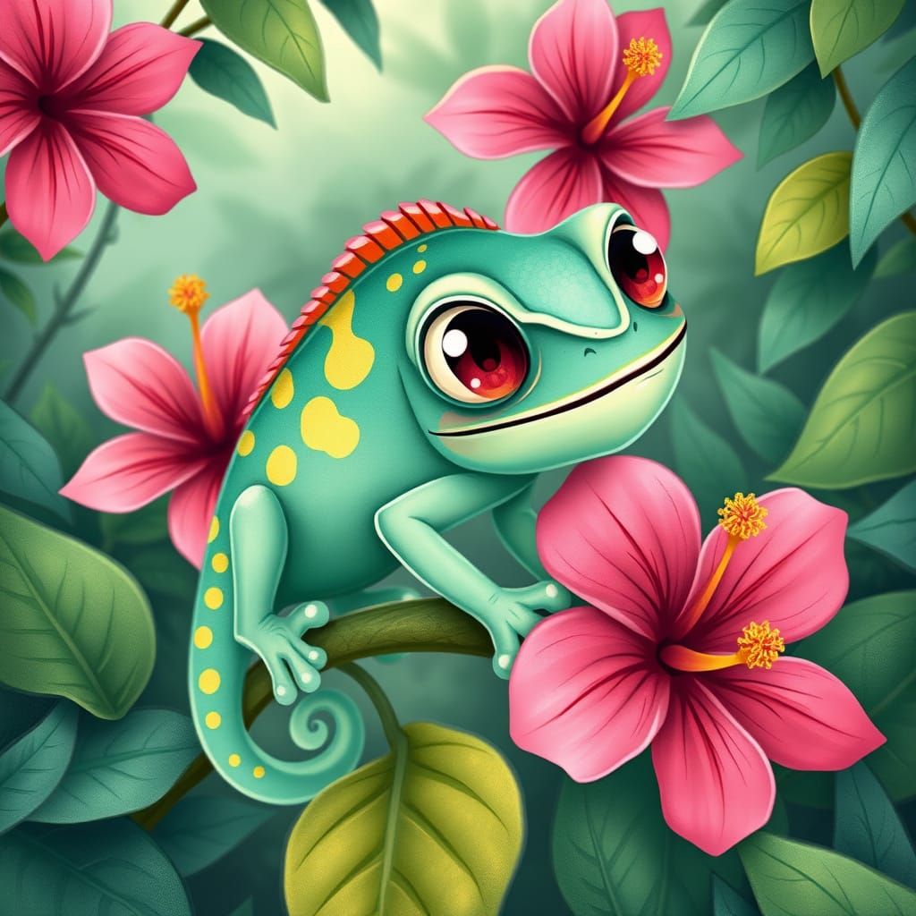 Cartoon Chameleon on Hibiscus Flower in Whimsical Style