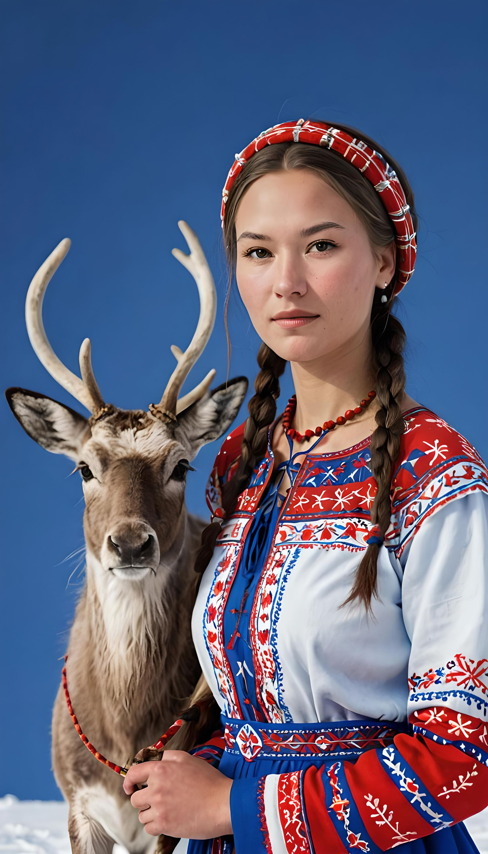 Young Sámi Woman with Reindeer Portrait