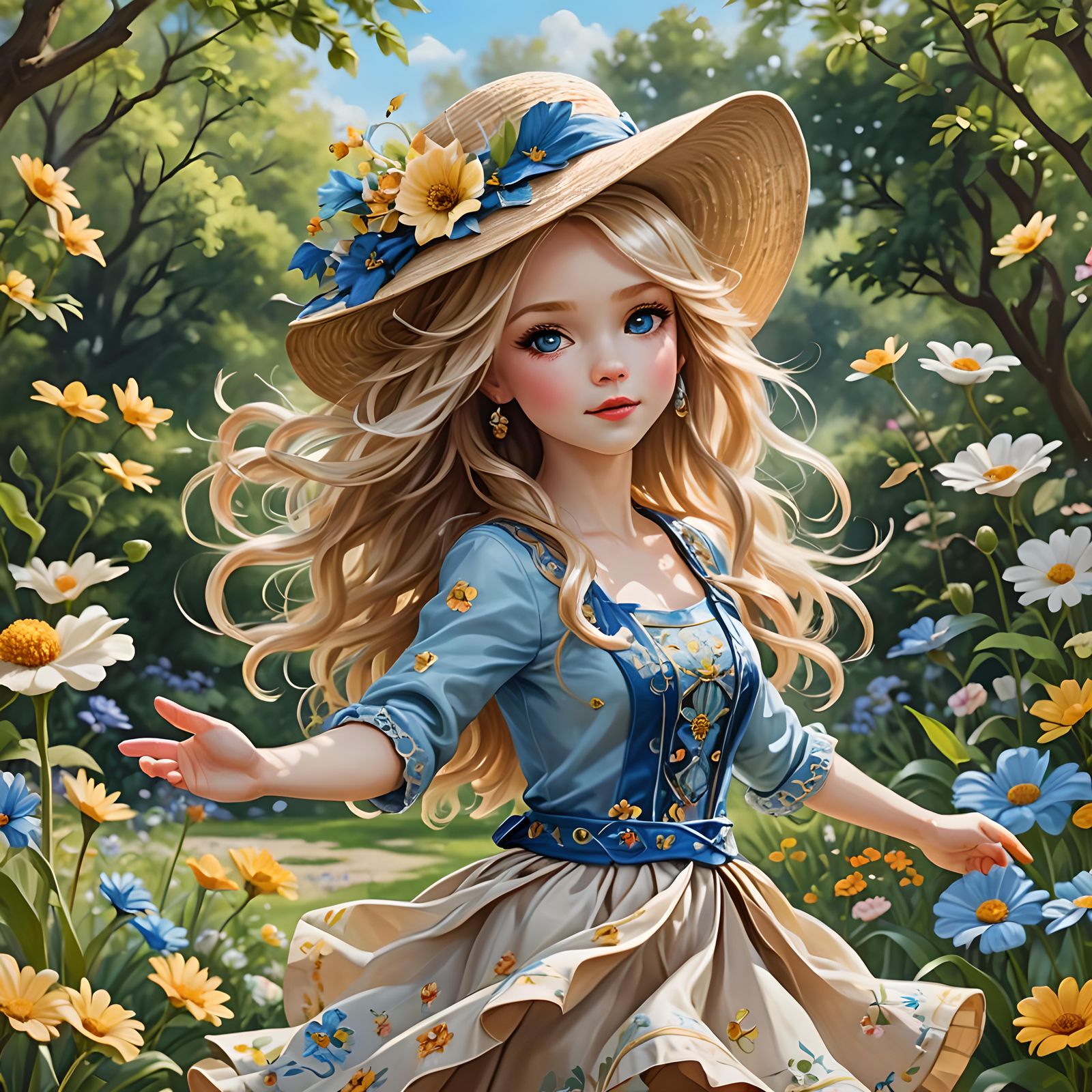 Chibi Woman Dancing in Spring Garden, Hyperrealistic Oil Pai...