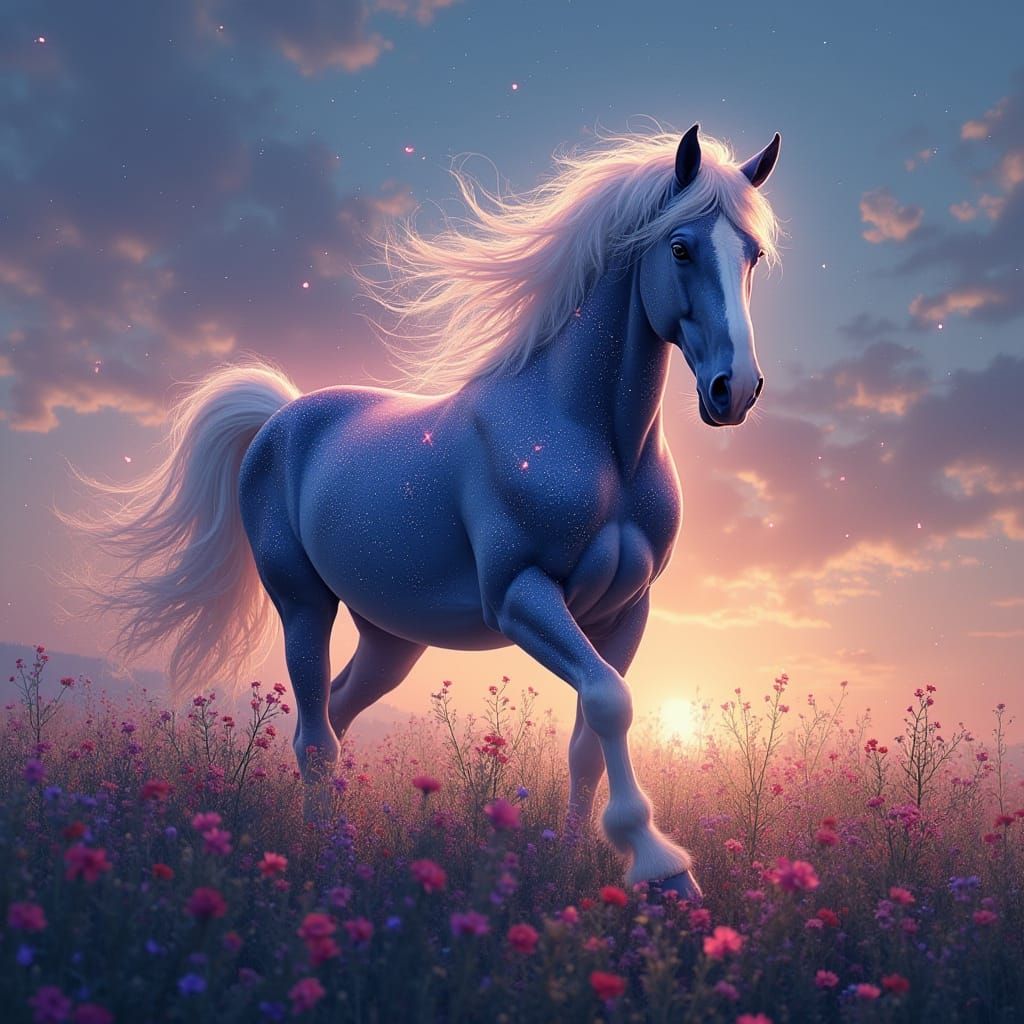 A majestic Clydesdale horse stands in a field of wildflowers under a twilight sky, its coat shimmering with embedded sta...