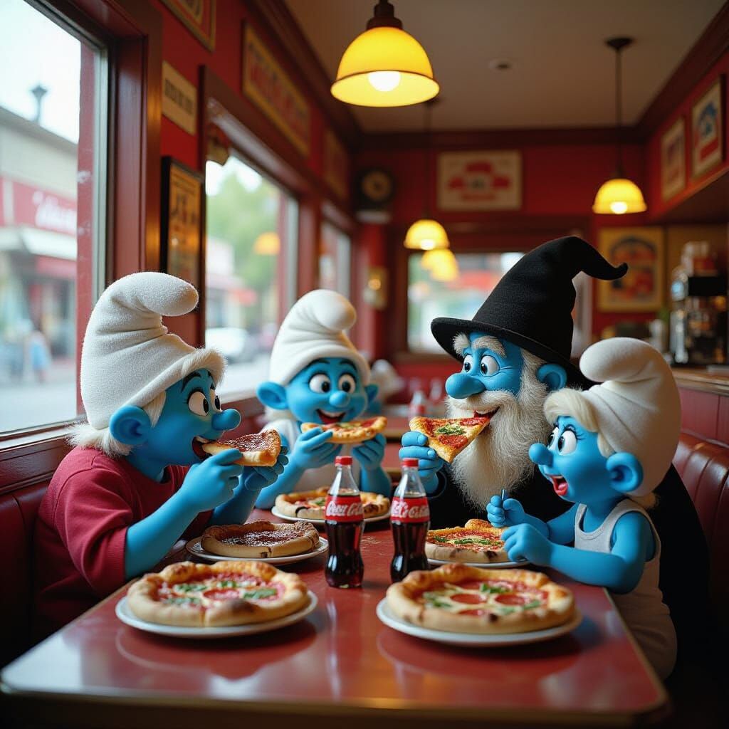 Gargamel and Smurfs Enjoy Pizza: A Cinematic Pizzeria Scene