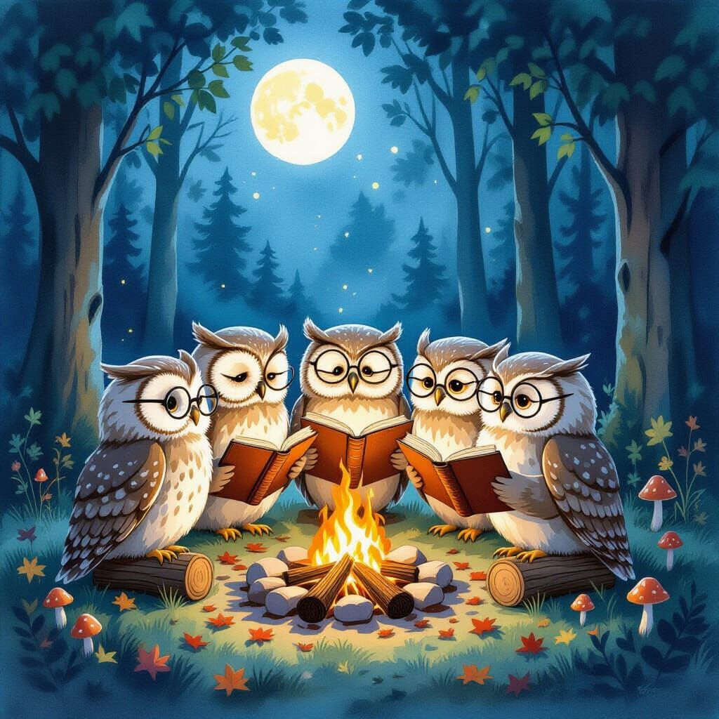 Owls Discussing Poetry Around Campfire in Moonlit Forest