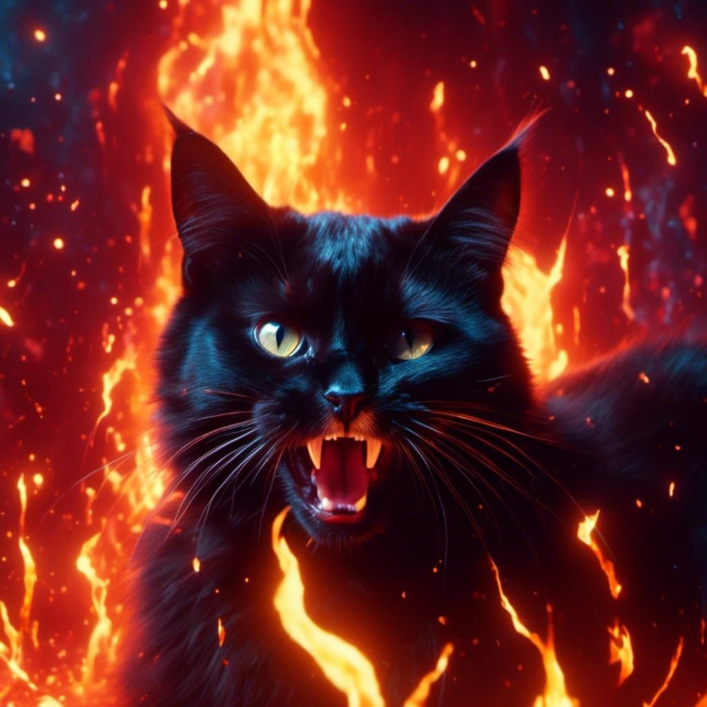 Sinister Black Cat Hissing with Fire Eyes