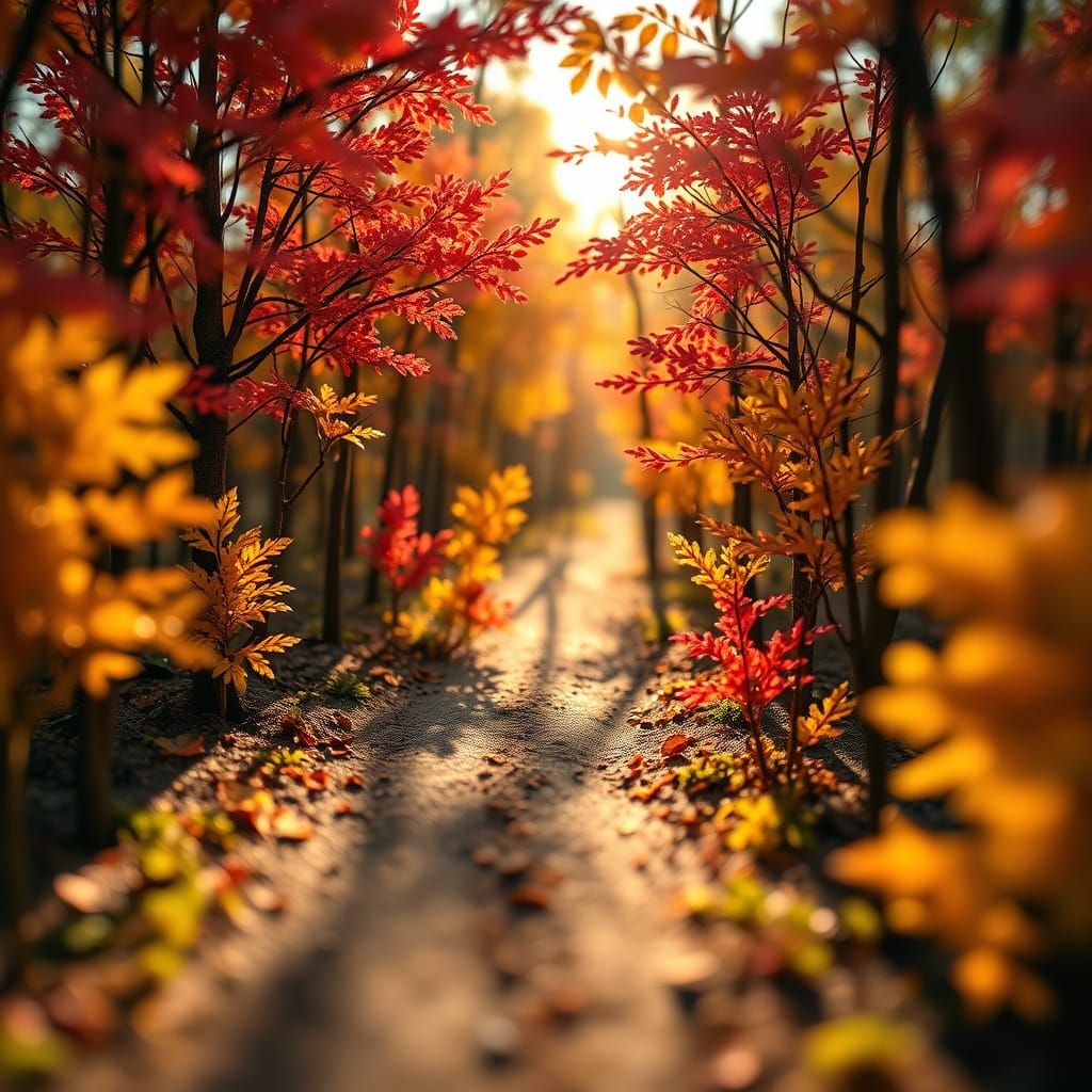 Miniature Autumn Forest Path in Golden Hour Light