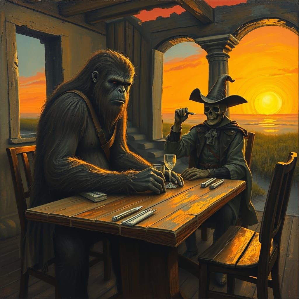 Bigfoot and Revolutionary War Ghost Dinner, Impasto Painting