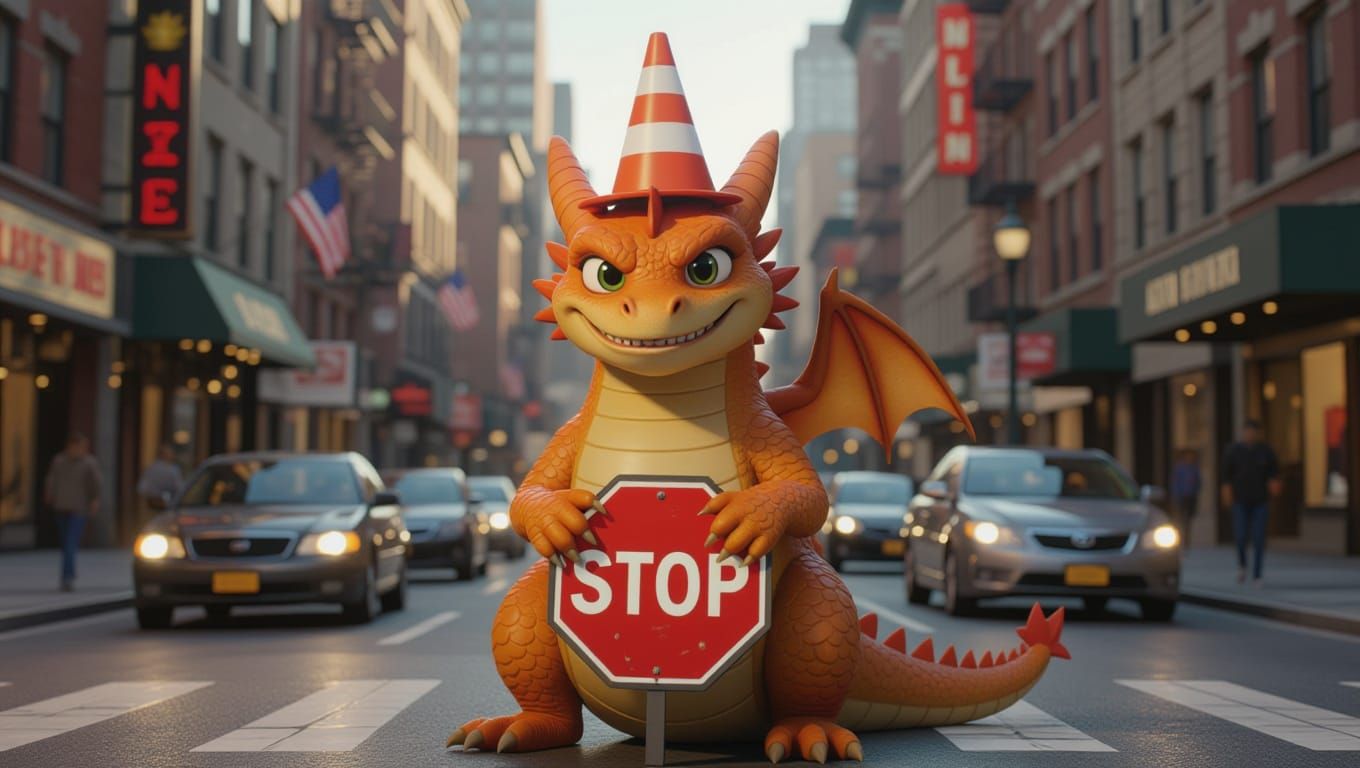 Cinematic Dragon Blocks Traffic with Stop Sign in Paws