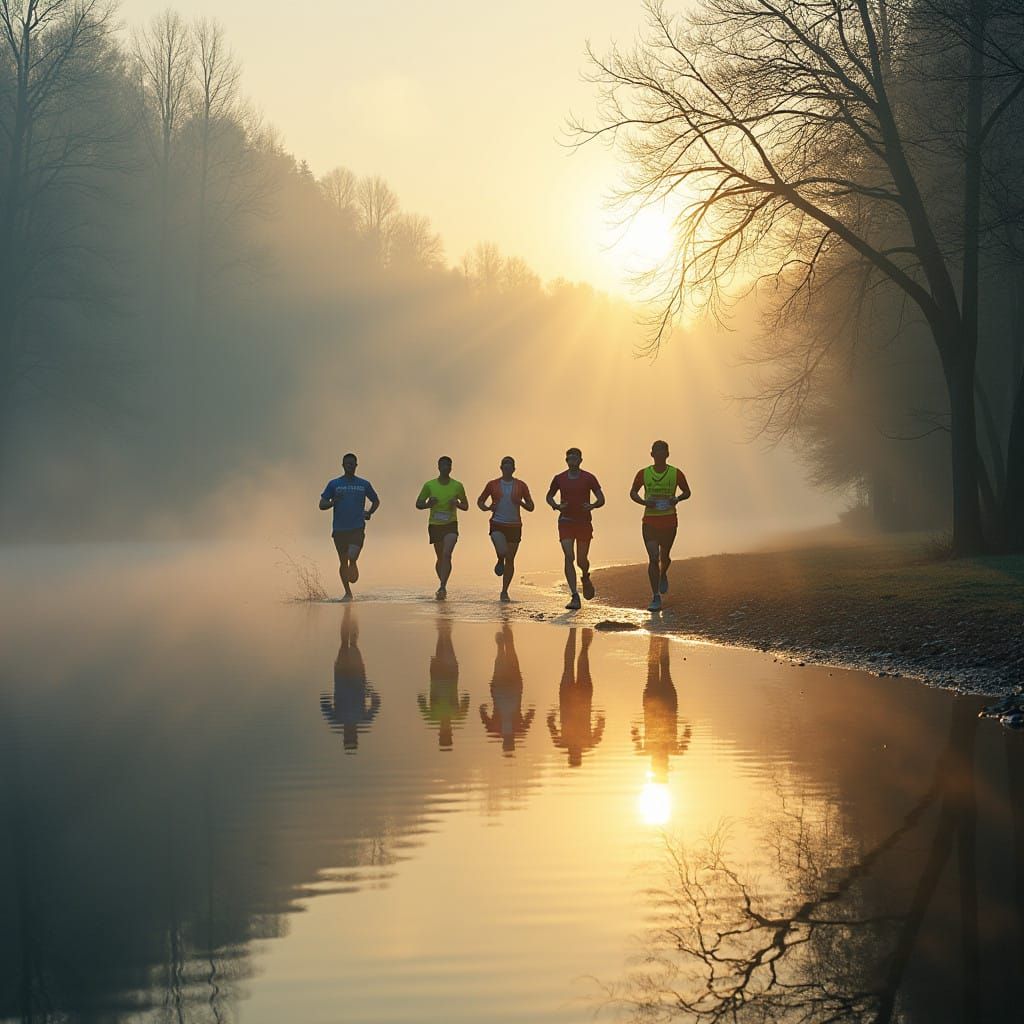 Serene Lake Marathon Runners in Impressionist Style