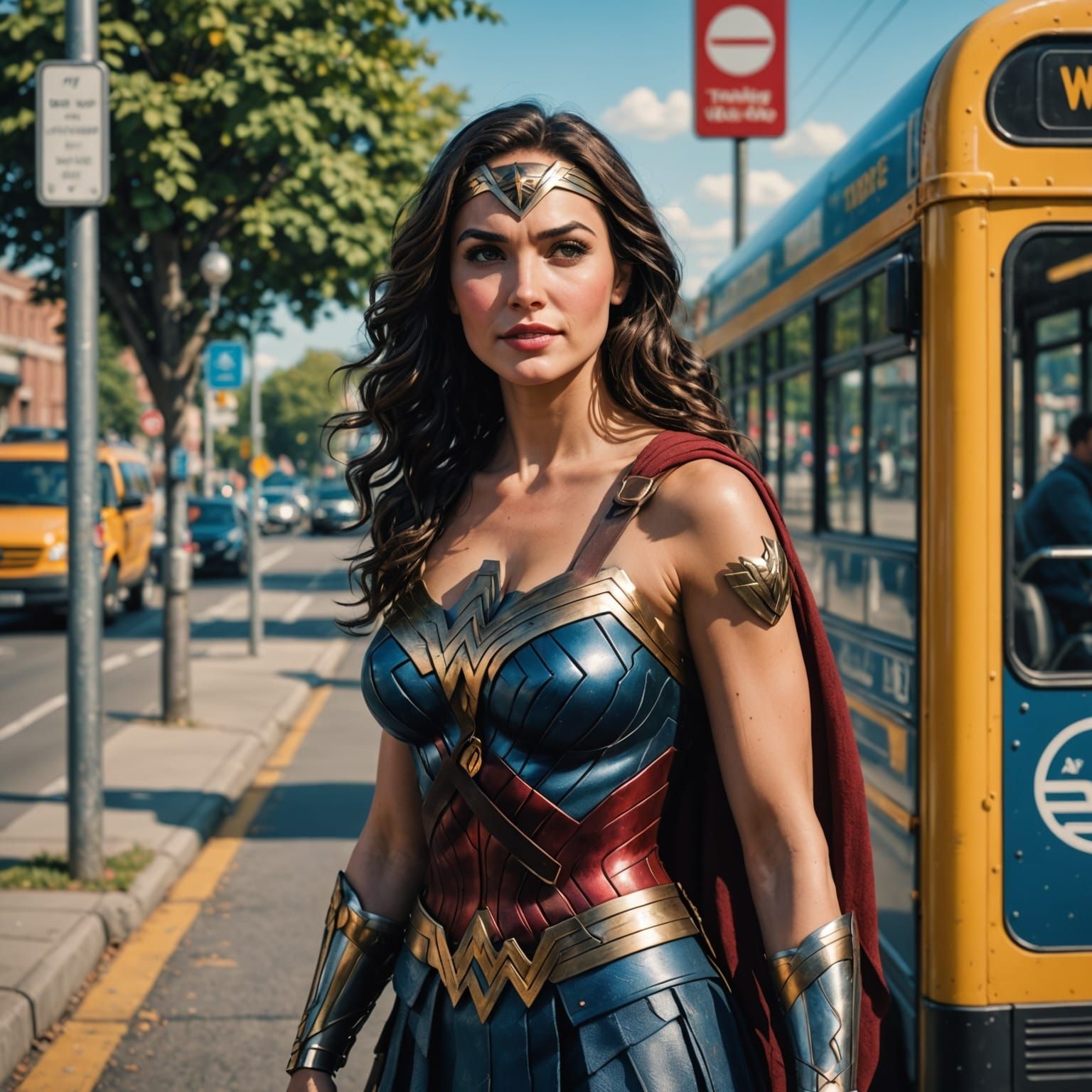 Hyperrealistic Woman Waiting at Bus Stop in a Vibrant Citysc...