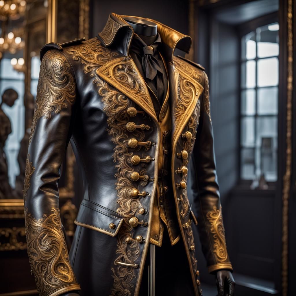 Obsidian Gold Leather Dreadnaught Coat, Hyperrealistic Fanta...