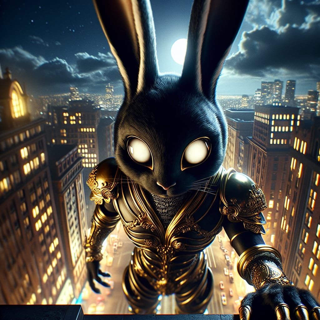 Golden Armored Rabbit in Futuristic Cityscape