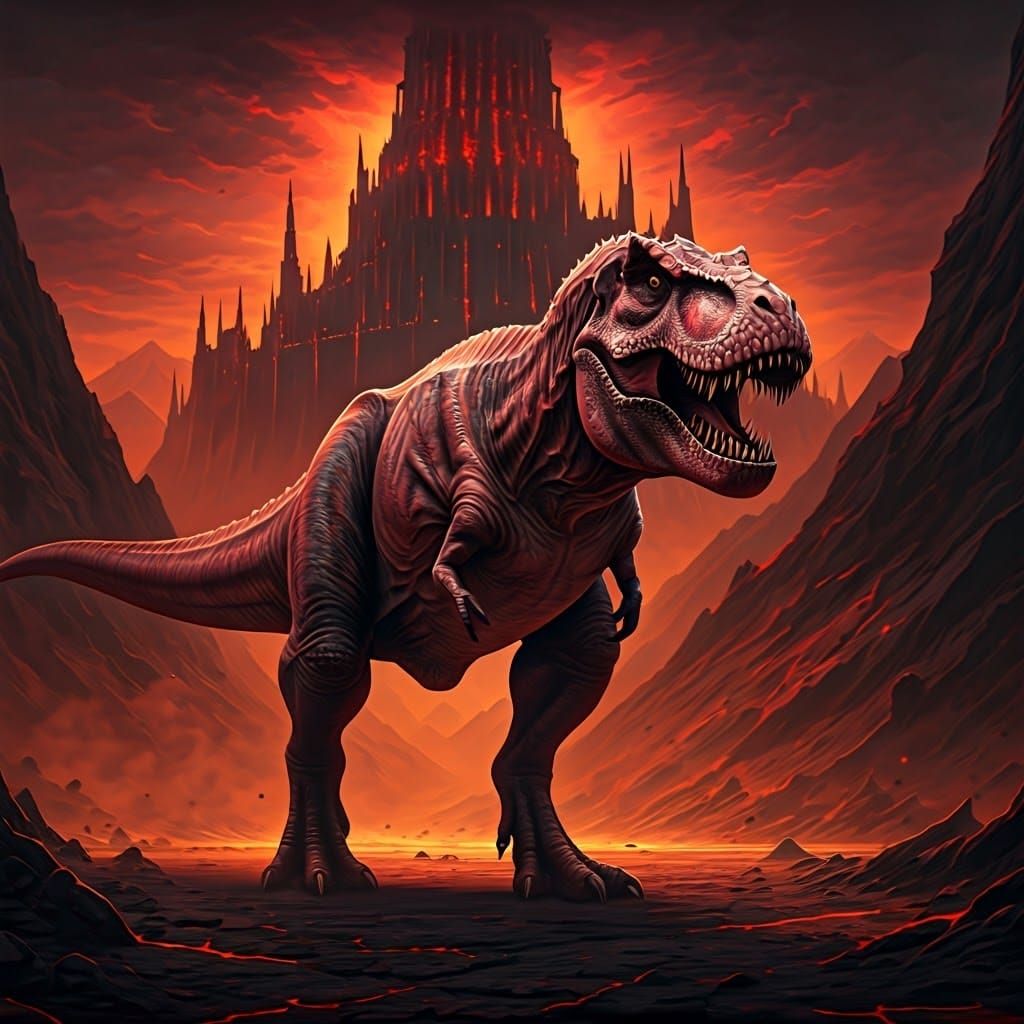 Opal Tyrannosaurus Rex in Mordor, Fantasy Matte Painting