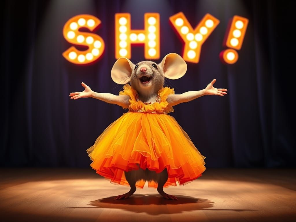 Mouse Singer on Stage with "SHY!" Sign