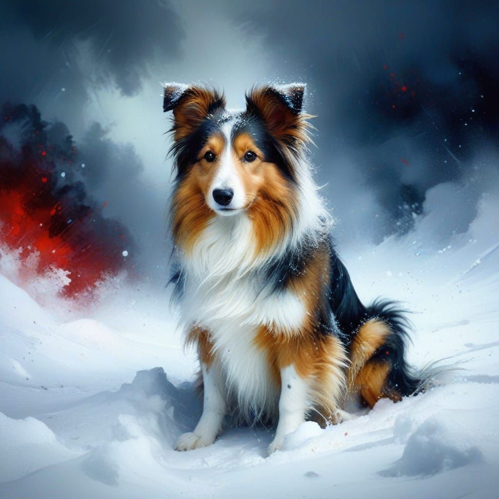 Surreal Sheltie in Blizzard Snow Landscape
