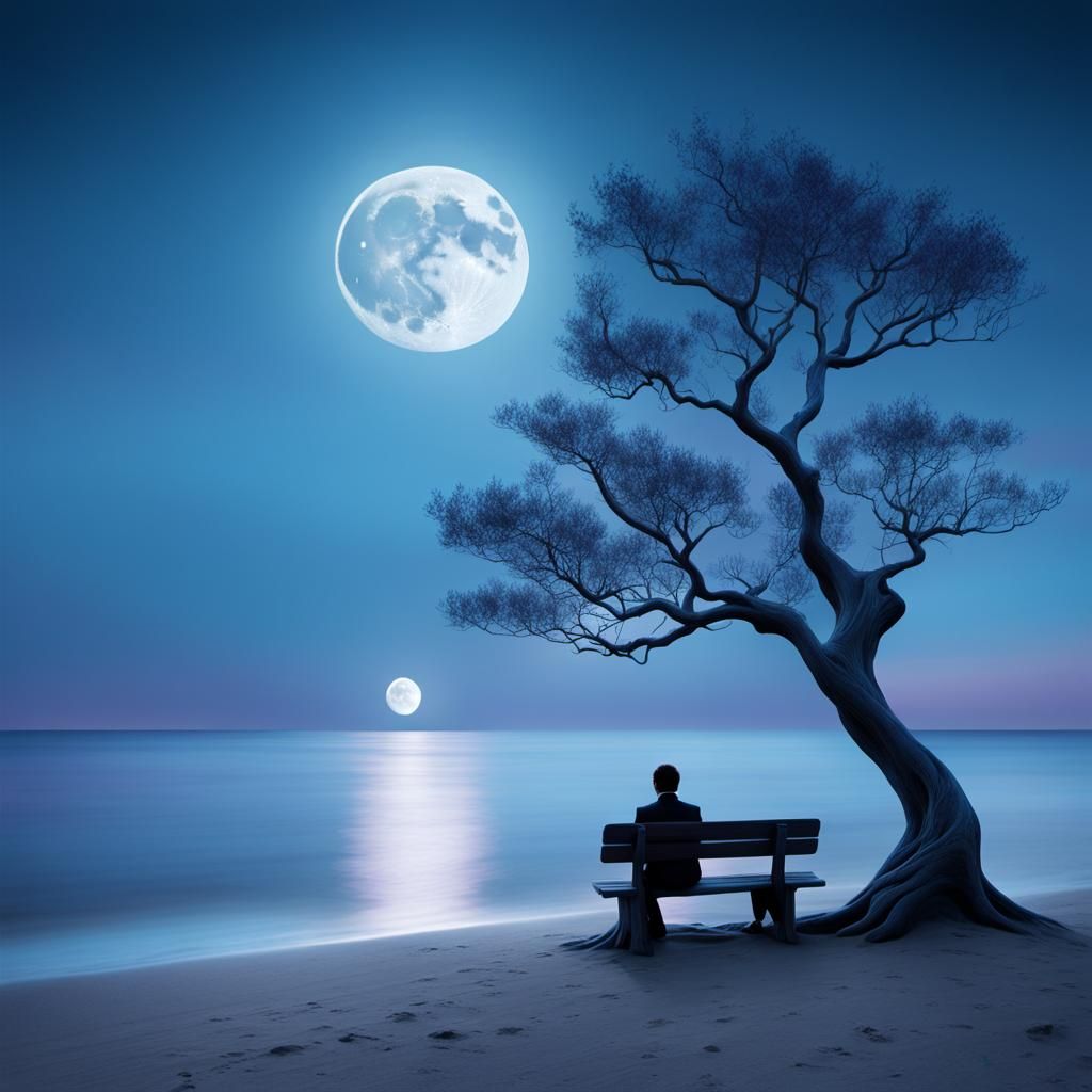 Surreal Beach Scene with Moonlit Figure, Anime Style