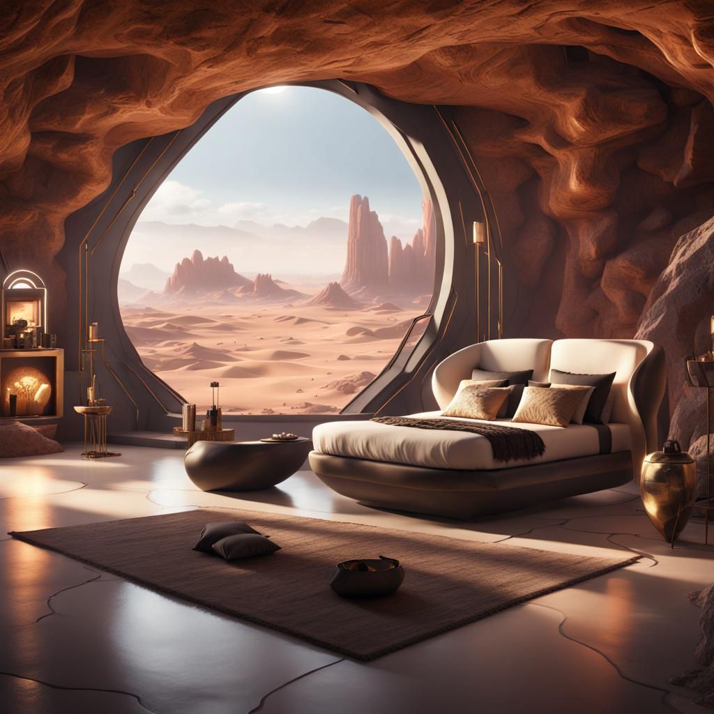 Futuristic Cave Home Overlooking Desert, Detailed Matte Pain...