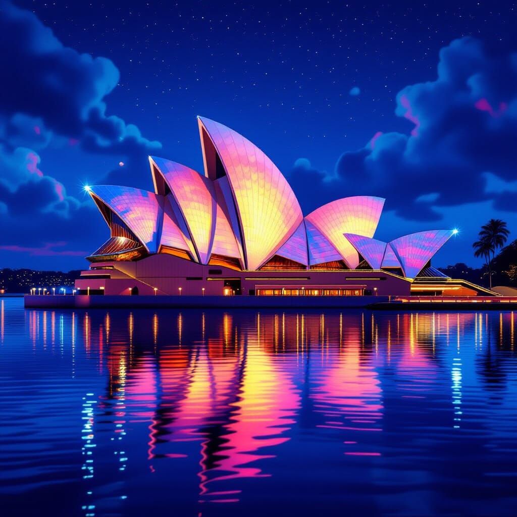 A vibrant, swirling night scene of the Sydney Opera House, i...