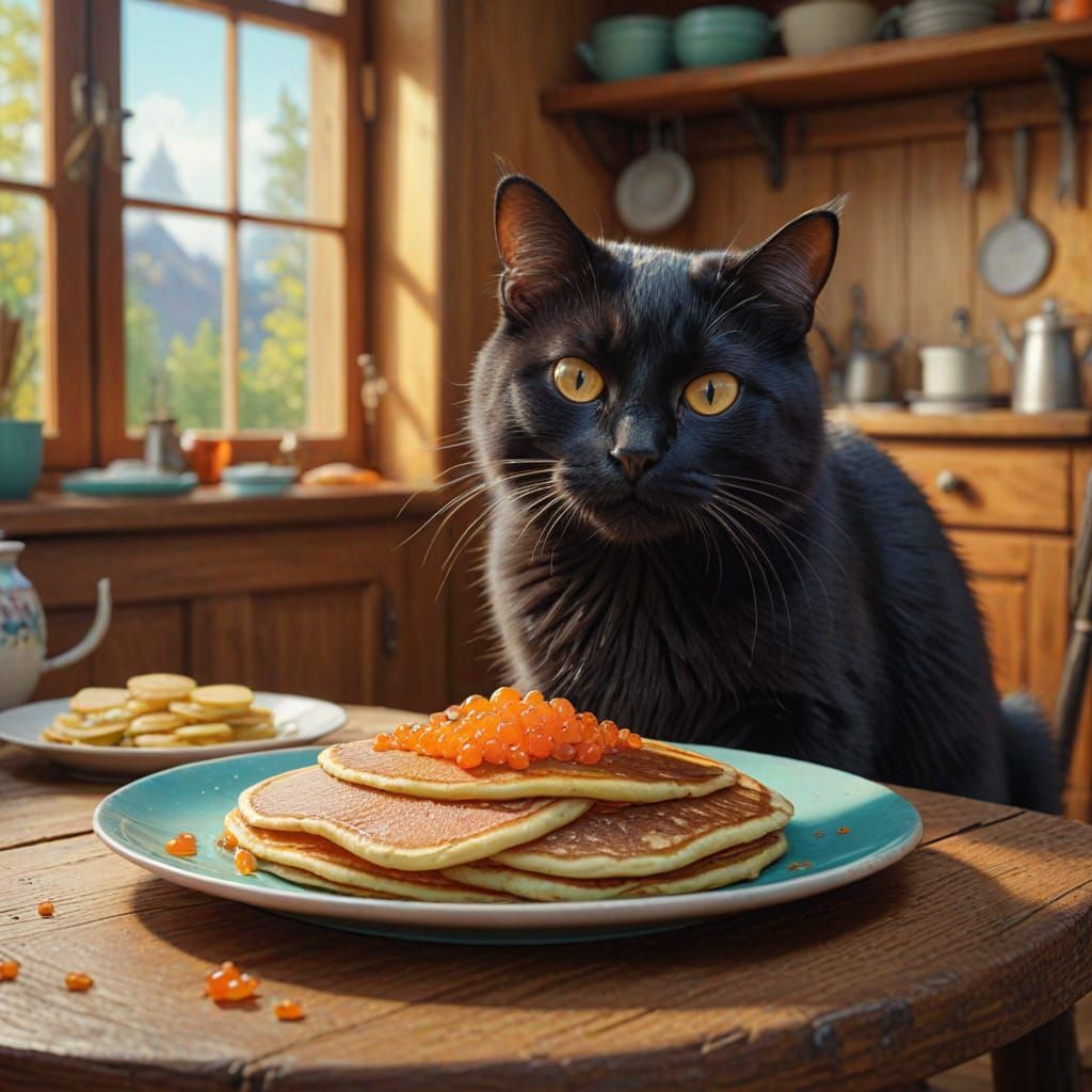 Surreal Fantasy Cat Surveys Pancakes with Whiskers and Mice